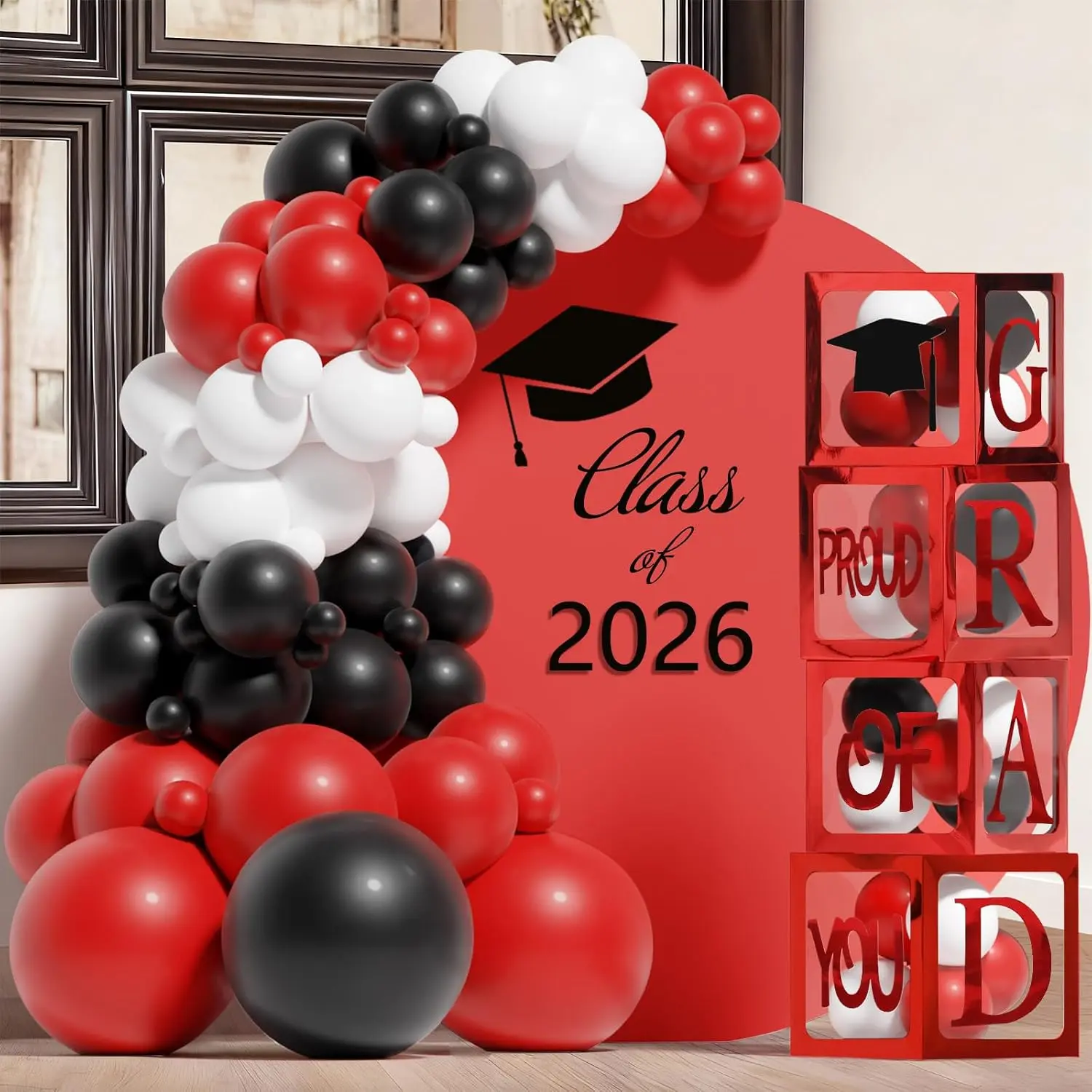 Graduation Decorations 2026,4 Pcs Transparent Balloon Boxes with Letters of GRAD,PROUD OF YOU,Class of 2026 130 count Red and Black Balloon Arch Kit for High School College 2026 Grad Party Supplies