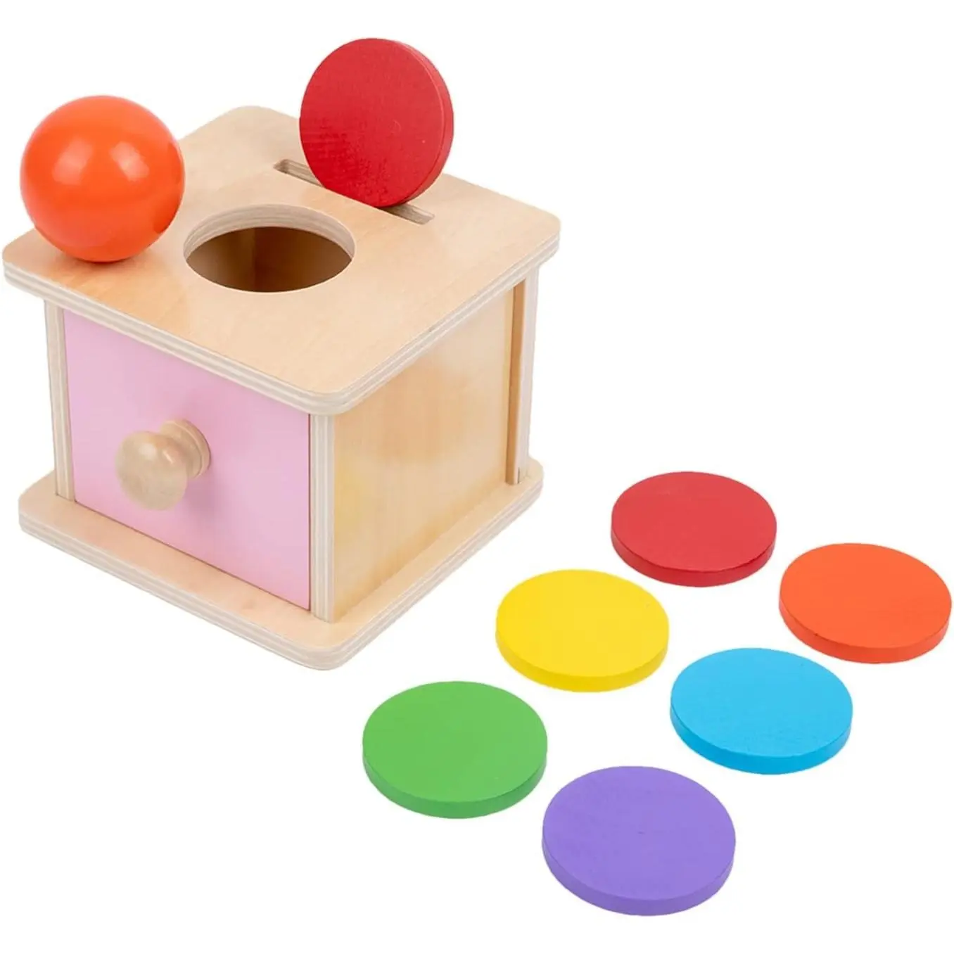 Pink Wooden Coin Box 2 in 1 Object Permanence Toy 6+ Mo | Includes 6 colorful wood discs and a ball, works as color shape sorter and baby toy storage, smooth burr-free linden wood