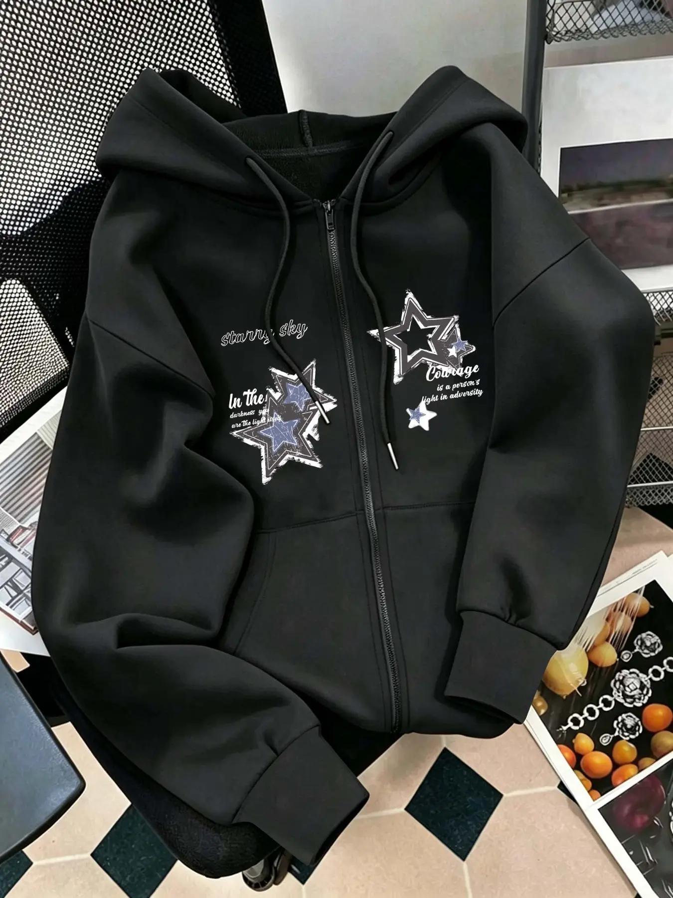 Women's Star Print Hooded Cute Cozy Sweatshirt, Fashion Zipper Drawstring Warm Inner Lining, Casual Loose Fit Long Sleeve Jacket for Fall Winter Clothes, Casual Print Hoodie, Aesthetic Hoodie, Fashion Hoodies