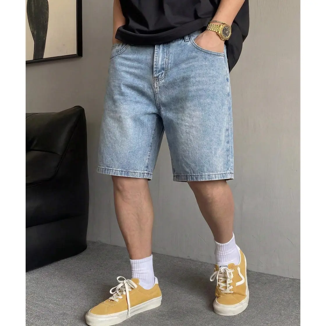 Men's Summer Denim Short, Light Blue Casual Jean Pant with Regular Straight Fit, Comfortable Breathable Fabric, Classic Five Pocket Design, Trendy Streetwear Clothing for Outdoor Activities, Beach Wear, Travel and Everyday Outfit