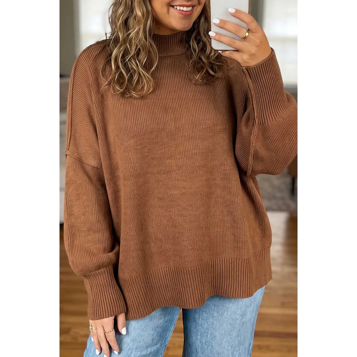 Chestnut Oversized Ribbed Knit Long Sleeve Tunic Plus Size Sweater