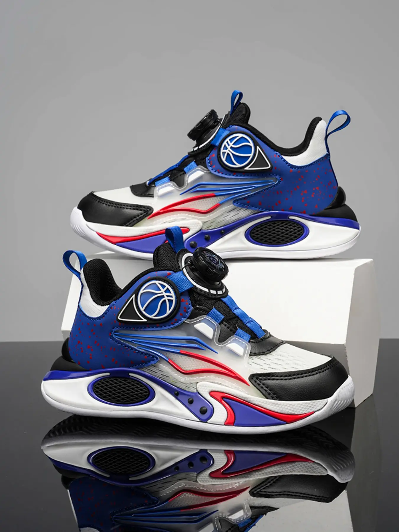 Boys Basketball Sneakers, Kids Shoes, Breathable Mesh, Sporty Style, PU Leather Upper, Shock Absorb Cushion Sole, Color Block Design, All Seasons