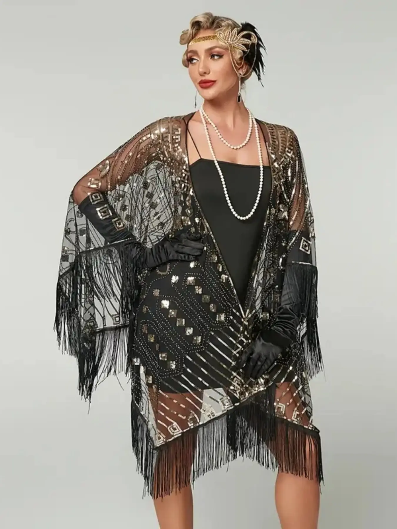 Vintage 1920s Sequin Embroidered Fringe Shawl for formal dress, Elegant Retro Polyester Mesh Short Cape, Women's Fashion Party Evening Gown Accessory
