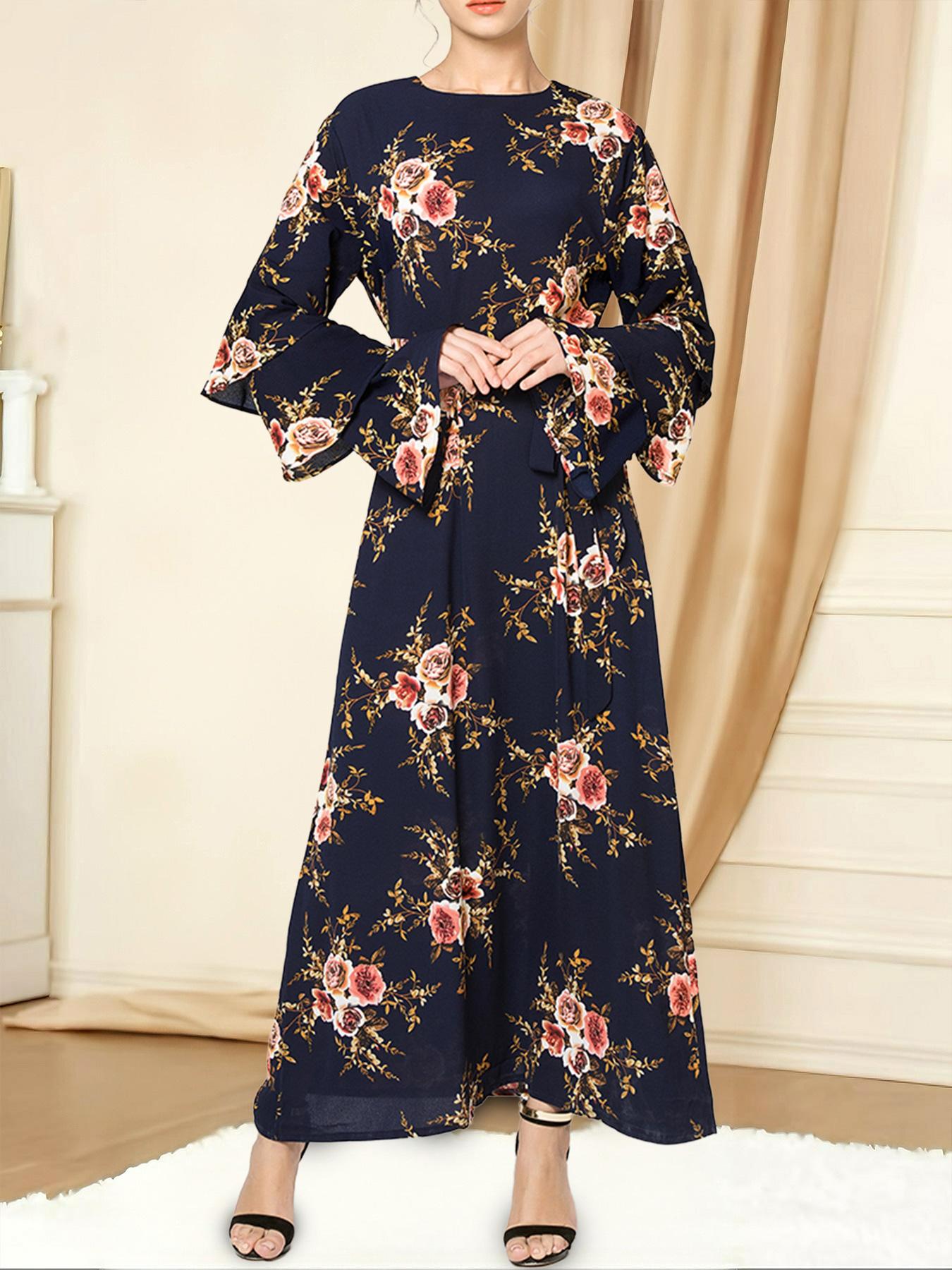 Elegant Rose Print Long Dress, Round Neck Loose-Fit Thin Fabric, Back Zipper Design, Perfect for All Seasons, Women's Fashion