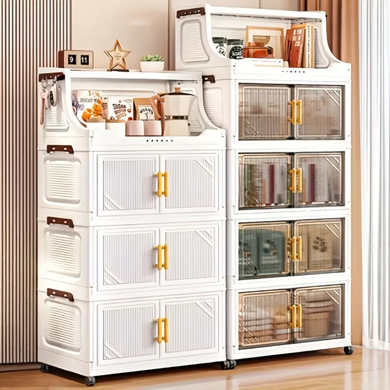 2/3/4-Tier Heavy-Duty Multi-Functional Folding Storage Cabinet, Folding Plastic Cabinet, with open shelves, large capacity, suitable for organizing and storing in living rooms, bedrooms, kitchens, offices, dormitories, durable double-door cabinet