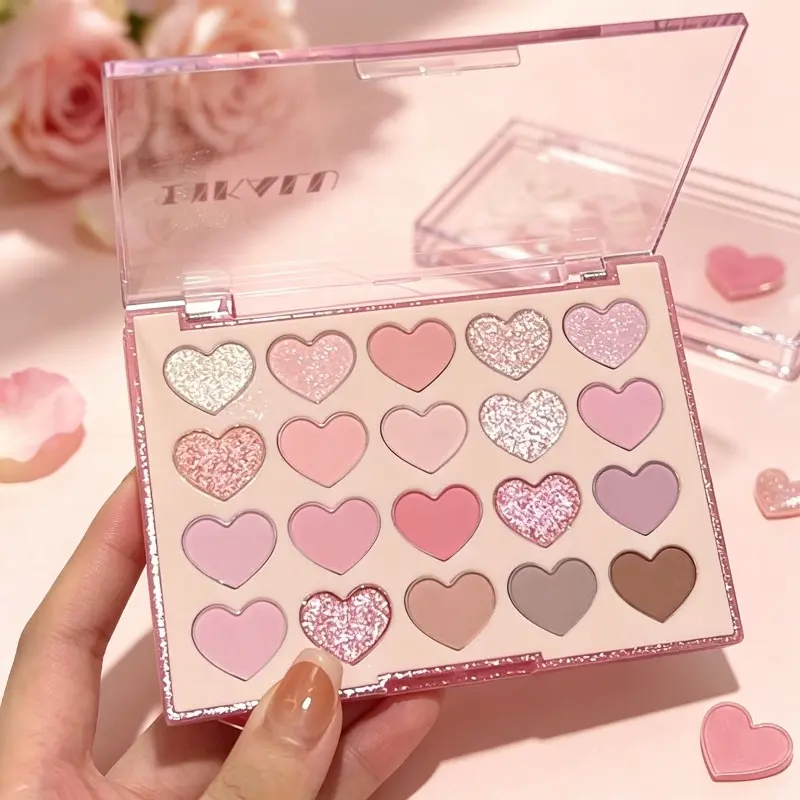 Pink Heart-shaped Eyeshadow Palette, Eye Makeup Products, multi-texture with matte, shimmer finishes, soft neutral pink tones, long-lasting pigmented color, Valentine's Day makeup palette, cosmetic for daily commutes and parties for women