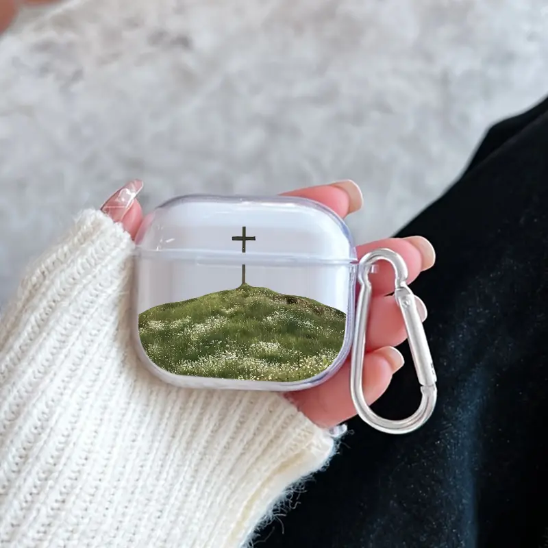 Cross on Hill Pattern TPU Soft Protective Case for Apple AirPods 4/3/2/1/Pro/Pro2 Transparent Earphone Cover with Keychain Attachment