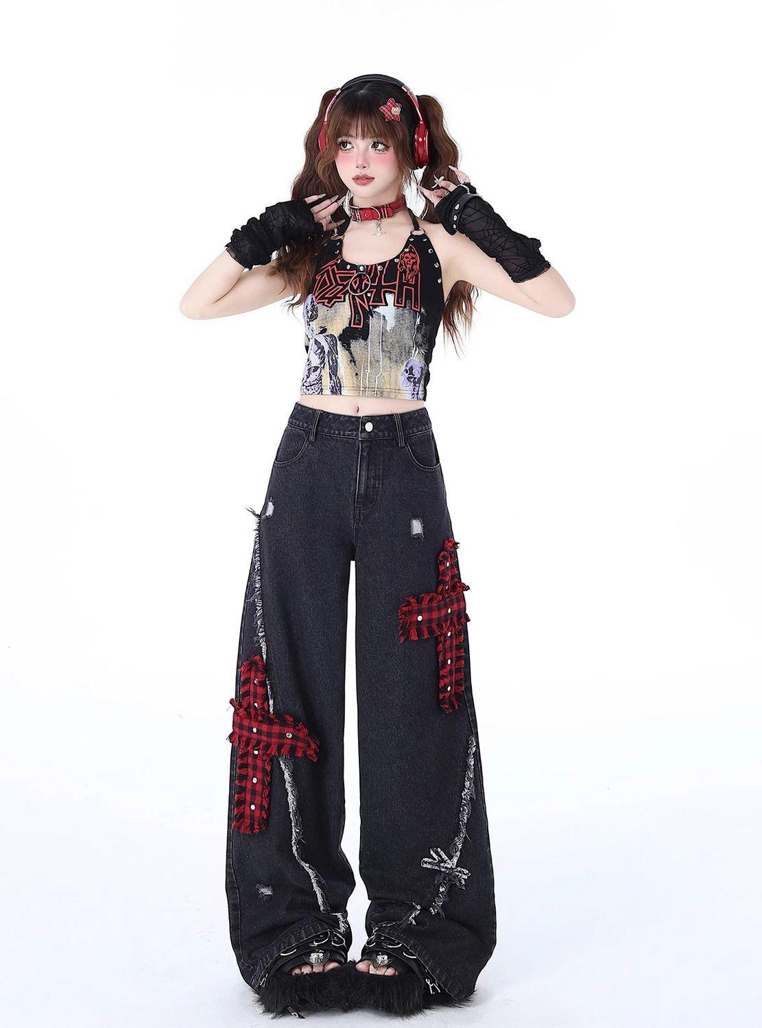 Women's Rock Punk Ripped Jeans, Spring New High-Waist Wide-Leg Pants, Loose Embroidered Floor-Length Denim, Drapey Casual Bottoms