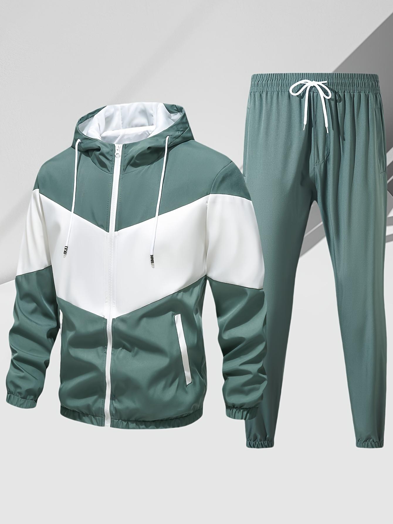 Men's casual two-piece set, stylish contrasting zipper hooded jacket, breathable solid color drawstring pants
