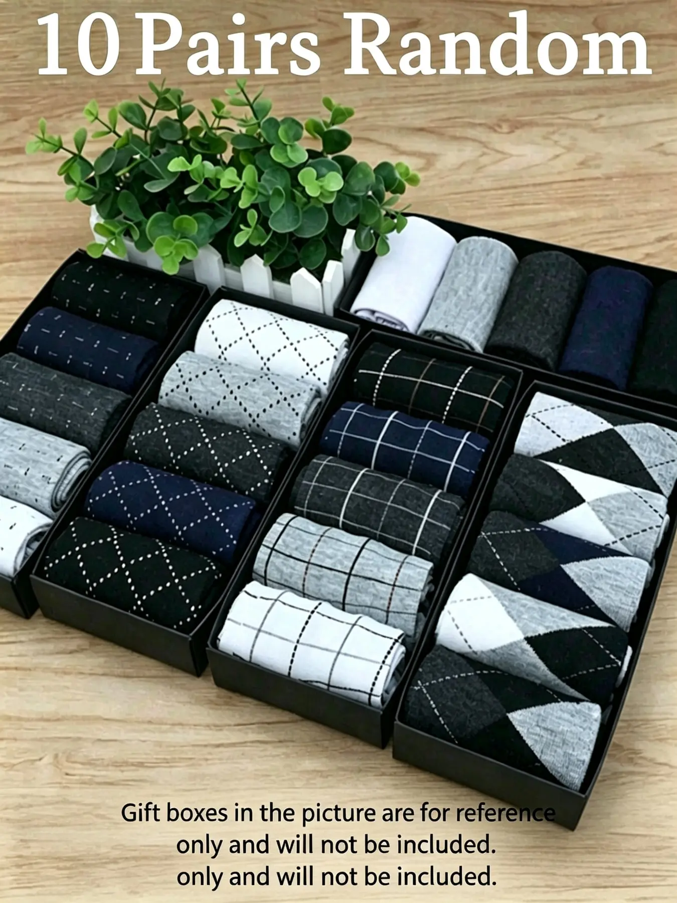 10 Pairs Random Men's Dress Socks, Breathable Cotton Argyle & Plaid Pattern Crew Socks, Multicolor Business Casual Mid Calf Socks for Work, Casual Daily Socks