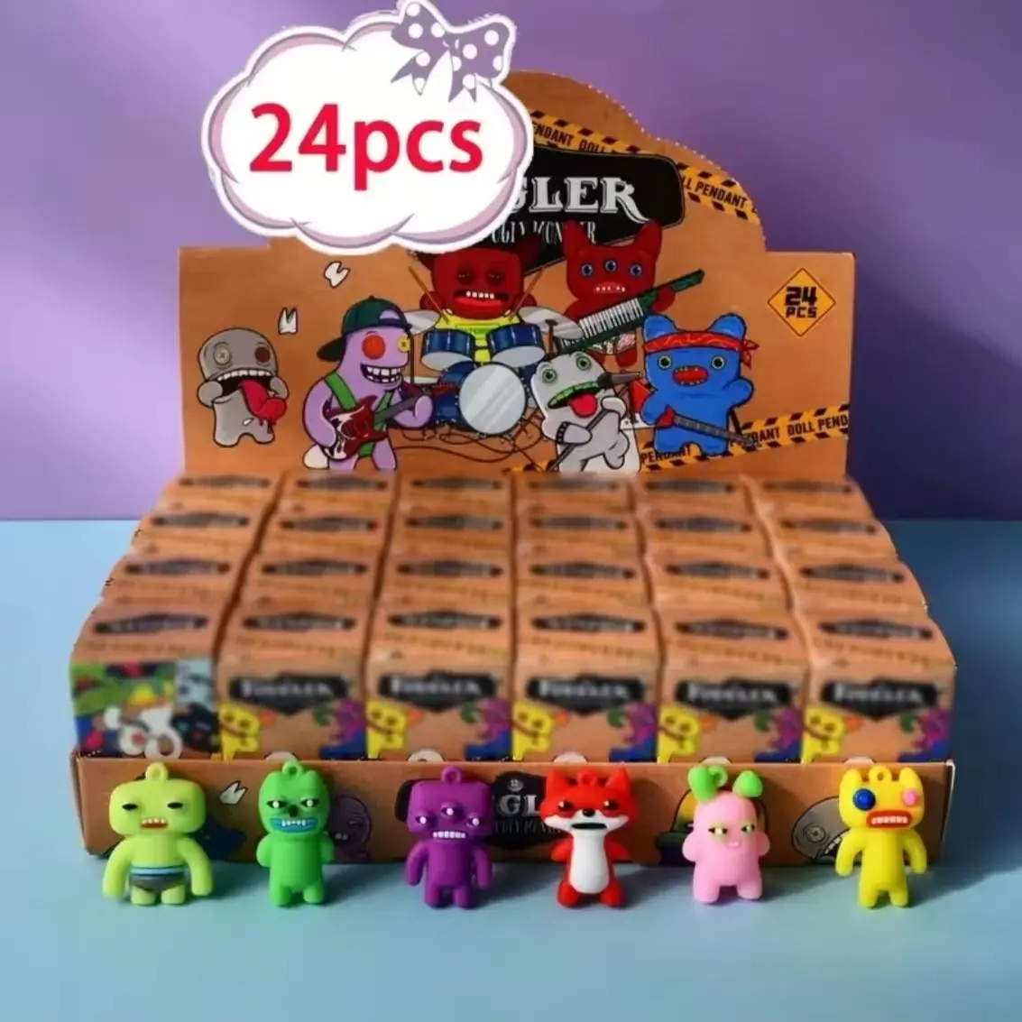 24-Piece F‑G‑R Tooth Monster Keychain Collection – Complete set of cartoon character charms with bag hooks, display case & party gift for Halloween, Christmas, birthday