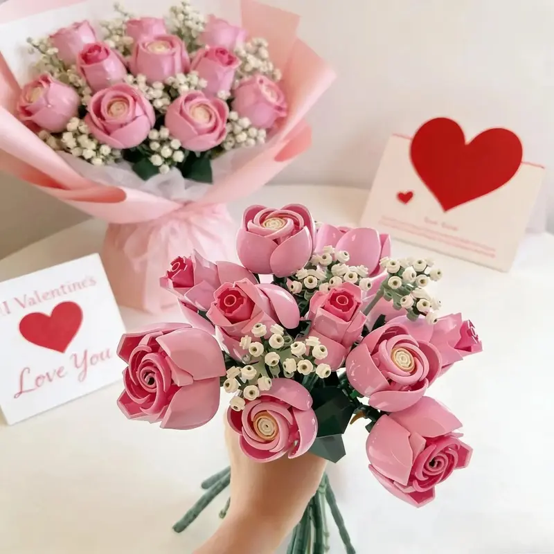 2026 New 789pcs Technology Pink Rose Bouquet Building Blocks Set Decorate Suitable For Mother's Day Gift Present Thanksgive Gift
