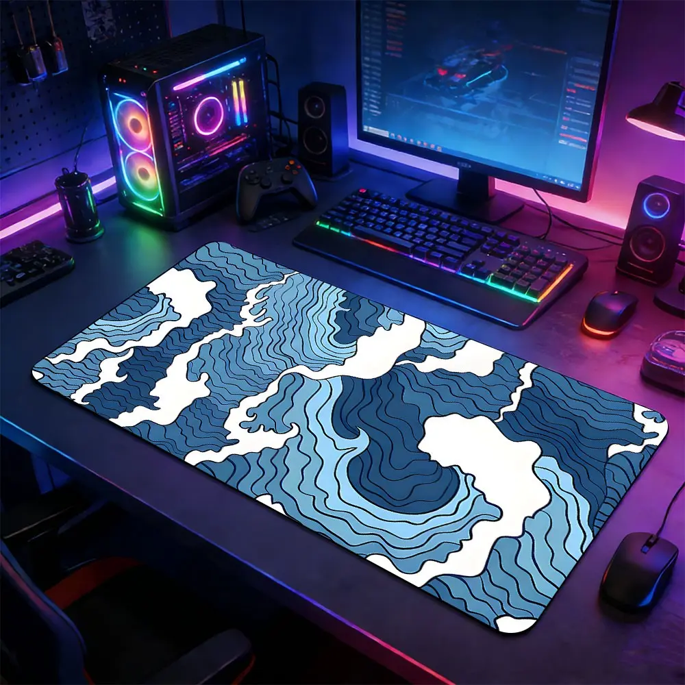 1 Piece Blue Kanagawa Waves Large Gaming Mouse Pad, Ukiyo-e Style Non-Slip Rubber Base Stitched Lock Edge Desk Mat, Durable Computer Suitable for Home Office & Gaming Setup,Perfect Gift For Gamers