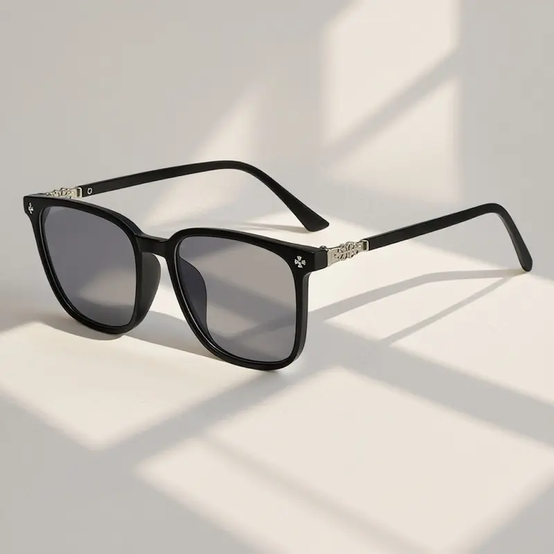 Luxe Black Frame Non-Prescription Glasses, Retro Carved Metal Decor Lightweight Square Eyewear