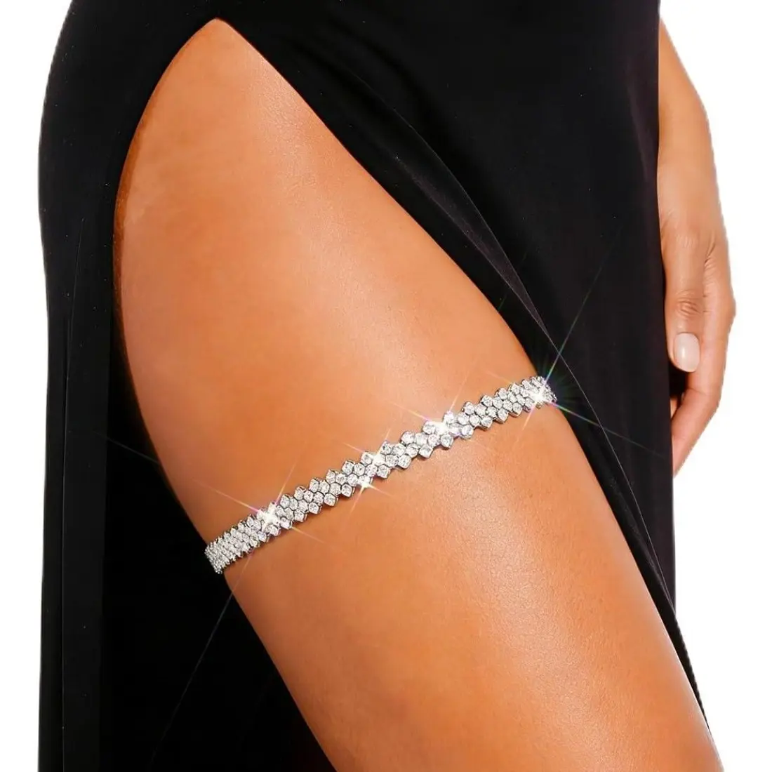 Women's Shiny Silver Rhinestone Non-Pierced Thigh Chain - Adjustable Thigh Garter, Non-Pierced Body Chains for Festival, Party Outfits