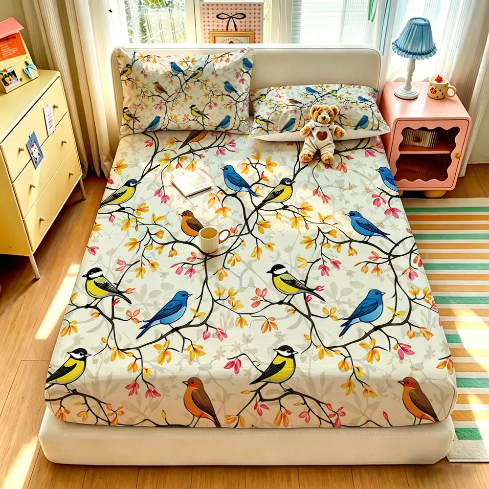 3‑Piece Digital‑Printed Bedding Set,Flower Bird & Branch Pattern,1 Bedspread+2 Pillowcases Without Filling,Soft Comfortable,Deep Pocket Design,Ideal Gift Choice