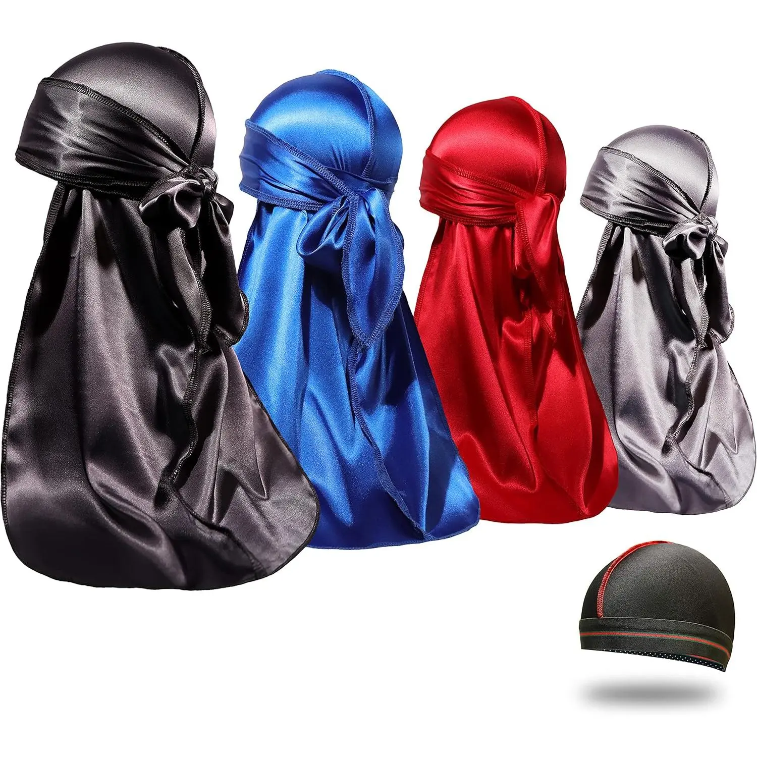 Superior Silky Durags & Wave Cap Set (4pcs, 1 Cap) - Male One Size Adjustable, Moisture-Lock, Breathable, Extra Long Tails for 360 Waves, Hand Wash Only, No Bleach, Ideal for Daily Running, Sleeping