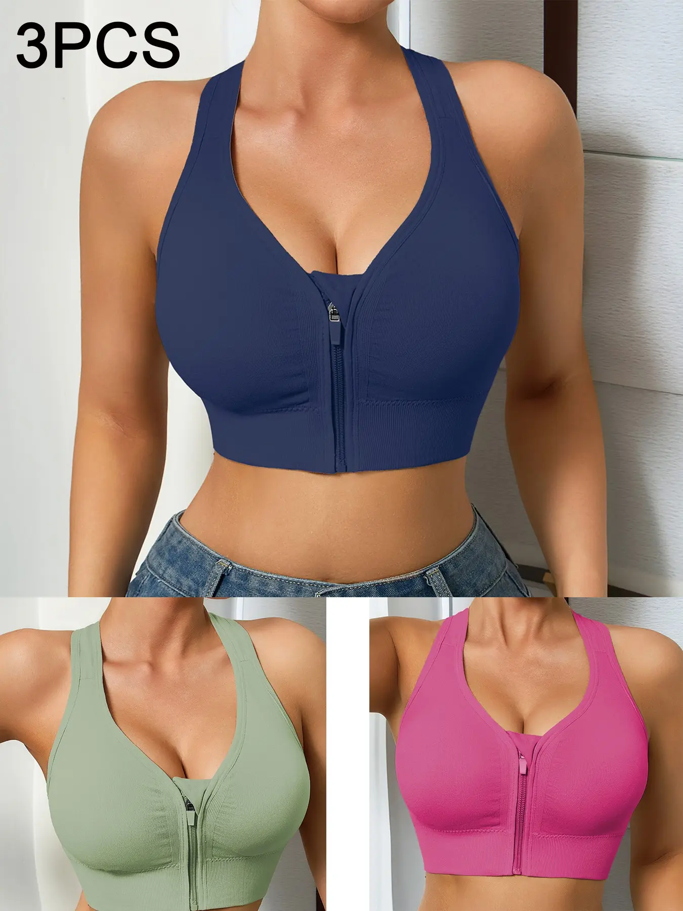 3-Pack Women's Cross-Back Sports Bras, Wireless Seamless, Detachable Pads, Medium Support, Yoga Fitness Running Lingerie