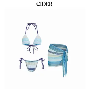 Cider Halter Neckline Striped Tie Side Hollow Out Triangle Bikini Set With Sarong