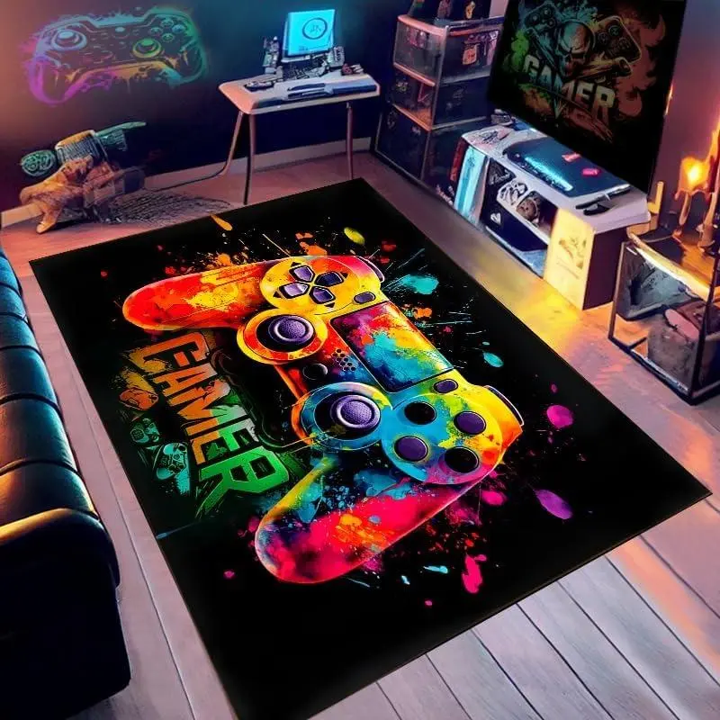 Cyberpunk Style Gaming Controller Design Rectangle Non-Slip Rug, Gaming Rugs, Vibrant Indoor Carpet for Gamers, Durable Game Room Decoration Gift