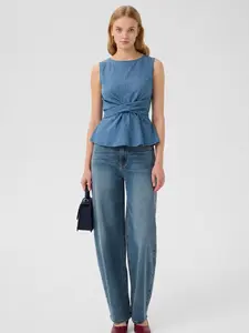 Women’s Blue Sleeveless Waist-Tie Top | Cross Wrap Front Blouse | Round Neck Peplum Hem Shirt