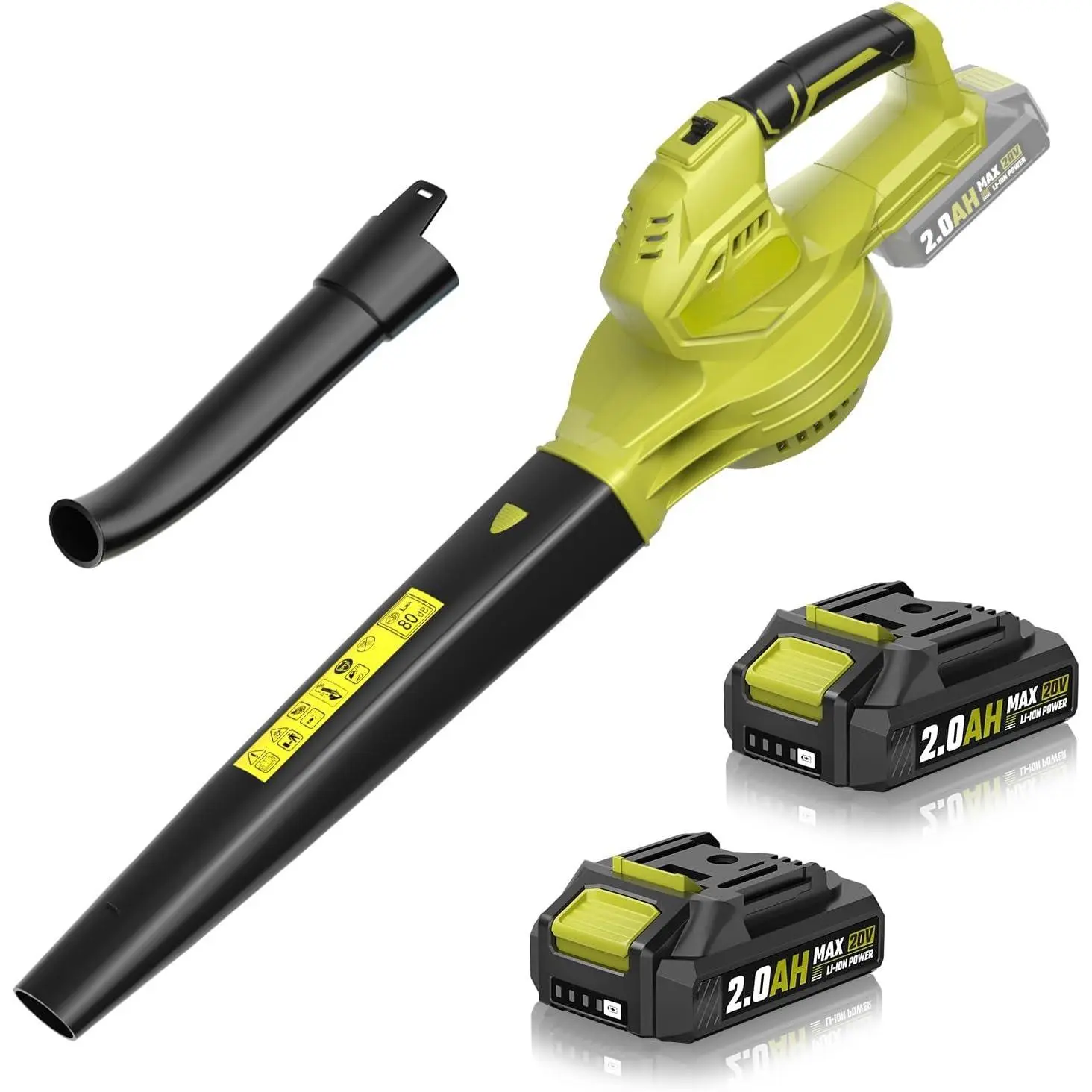 Leaf Blower 20V Cordless, with 2 x 2.0Ah , 350 CFM 150 MPH | 15000 RPM, for Patio Cleaning,  Charger Included,  Green
