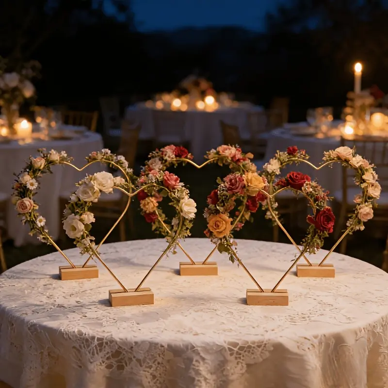 5pcs Heart-shaped Wreath Stand, 30cm/11.81in Golden Wrought Wreath with 7cm Solid Wood Base, DIY Tabletop Centerpiece for Weddings, Engagements, Bridal Showers, Valentine's Day, Anniversaries, Birthday Parties, Baby Showers, Etc. (Flowers Not Included)