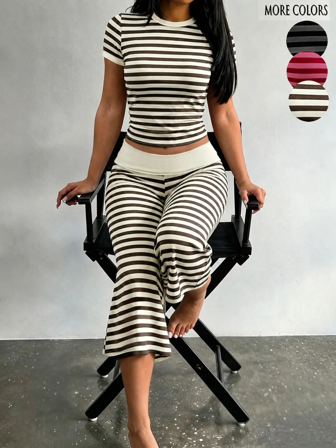 American Vintage Striped Knit Two-Piece Set for Women, Short Sleeve High Waist Seven-Quarter Leg, Casual Home Wear for Fall Winter