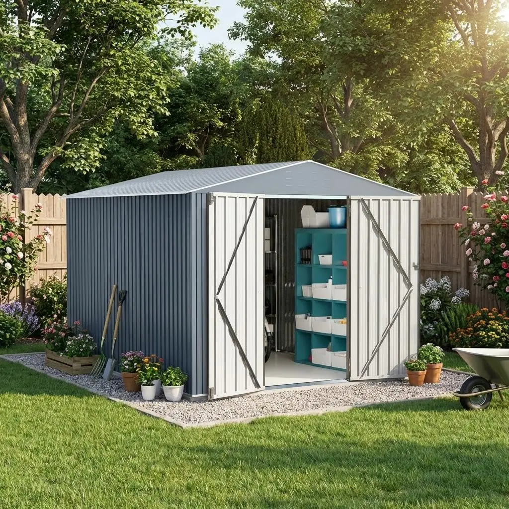 8 x 12 ft Outdoor Metal Storage Shed with Sturdy Frame, Sloped Roof, Ventilation, and Lockable Door for Tools