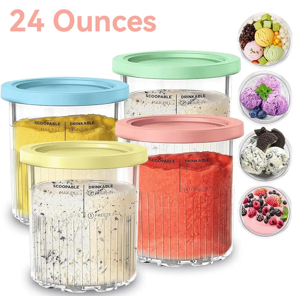 4-Pack Ninja Creami Ice Cream Containers with Lids, Compatible with Nc501 and Nc500, Smoothie Cups and Cones Set for Ice Cream Makers