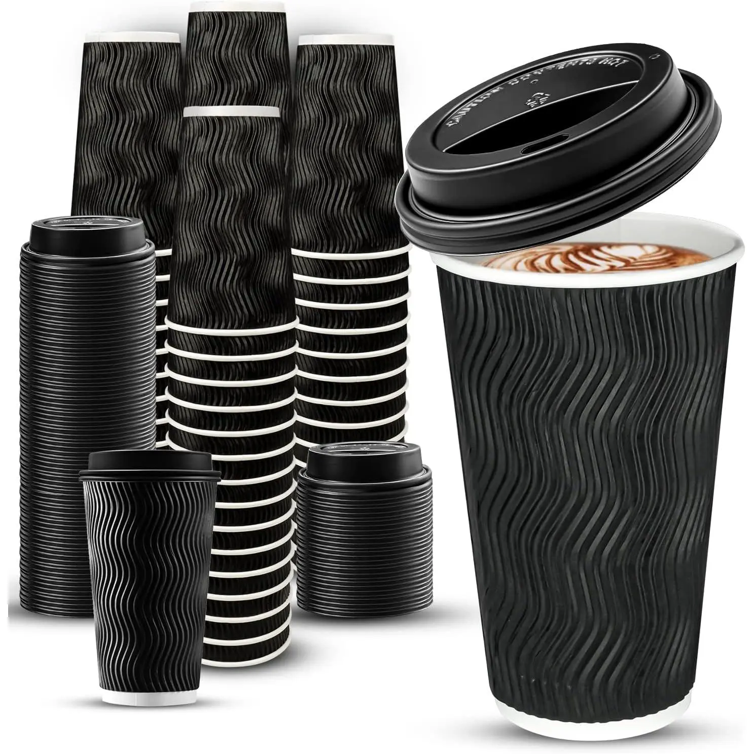 100 Pack 16 oz Disposable Insulated Coffee Cups with  | Paper To-Go Coffee Cups for Coffee Bars, Hot , Cocoa, and Hot  Drinks, Black