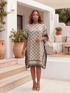 Elegant Geometric Print Shawl Set, Fitted Long Robe with Headscarf, Sun Protection Silk Scarf for Beach, Women's Fashion Accessory
