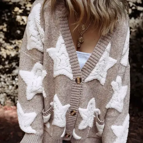 Women's Star Jacquard Button Front Pocket Knitted Cardigan, Casual Drop Shoulder V Neck Knitwear for Fall & Winter, Fashion Ladies' Knit Clothing for Daily Wear Womenswear Knitting