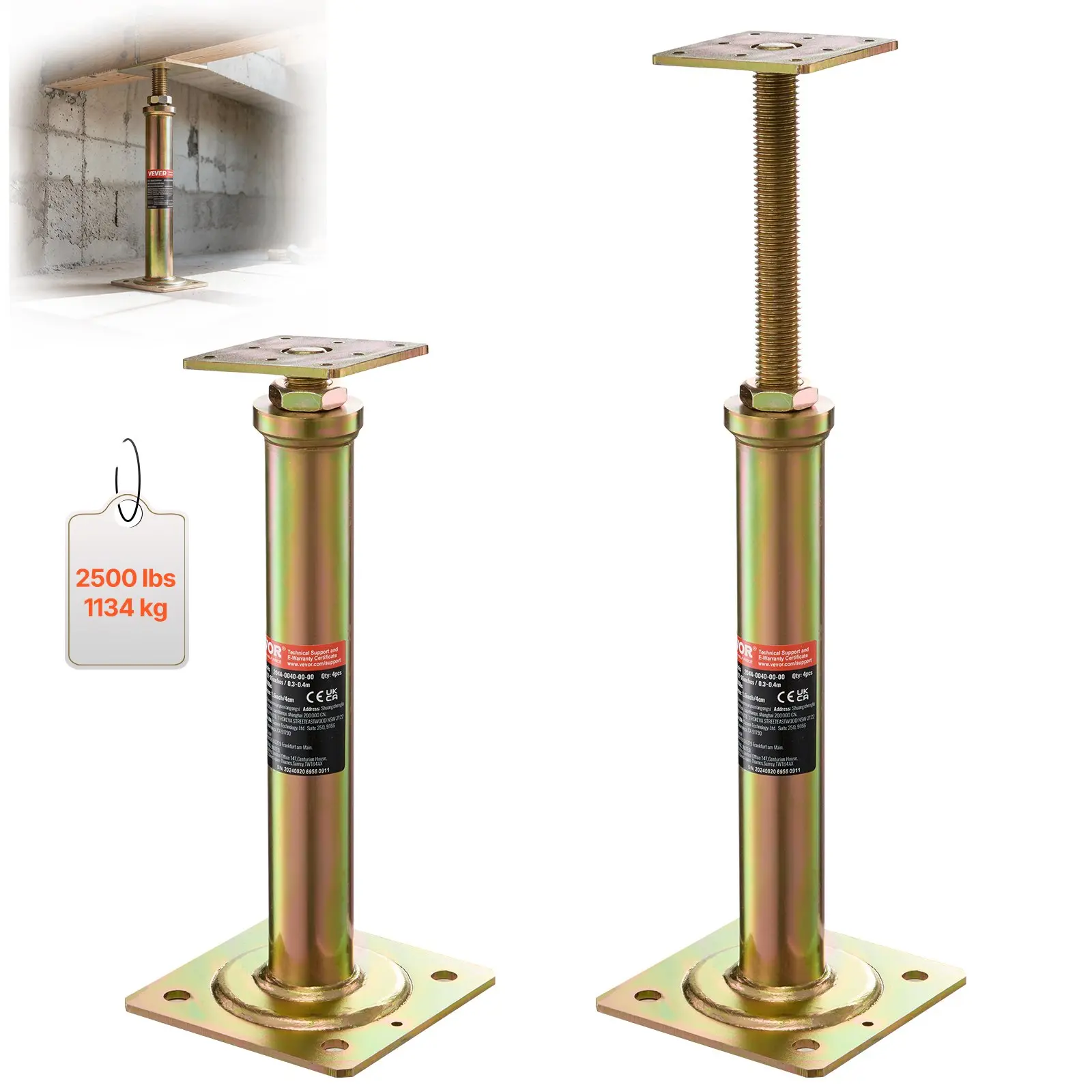 VEVOR House Floor Jacks, 4 Pack, 11.6"-16" Height Range, 2500 lbs Max Load Capacity Per Unit, Adjustable Support Beam Basement Jack Post for Leveling, Galvanized Telescoping Jack for Temporary Support