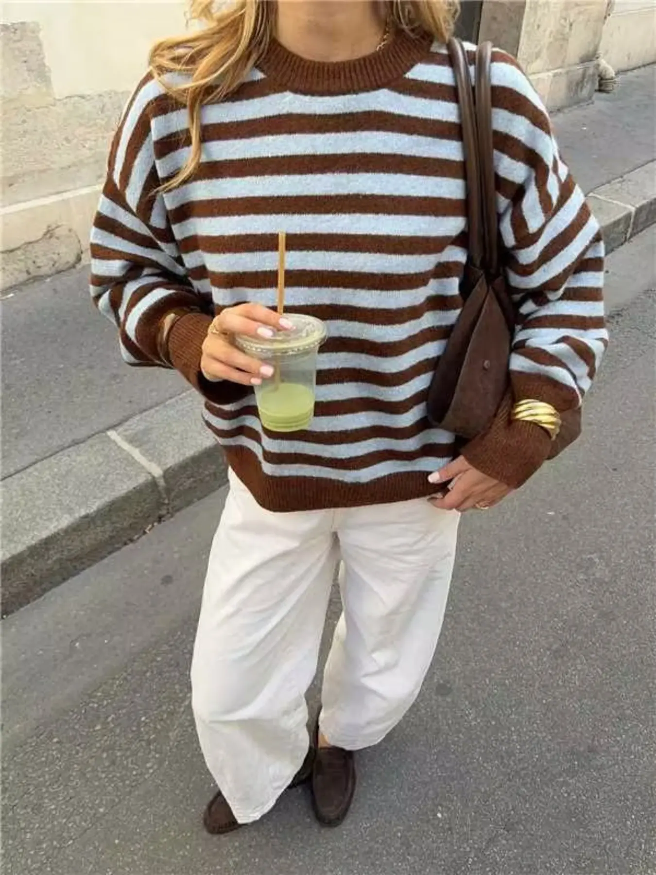 Striped Knit Sweater Vintage Oversized Pullover Long Sleeve Crewneck Autumn Winter Jumpers French Effortless Old Money