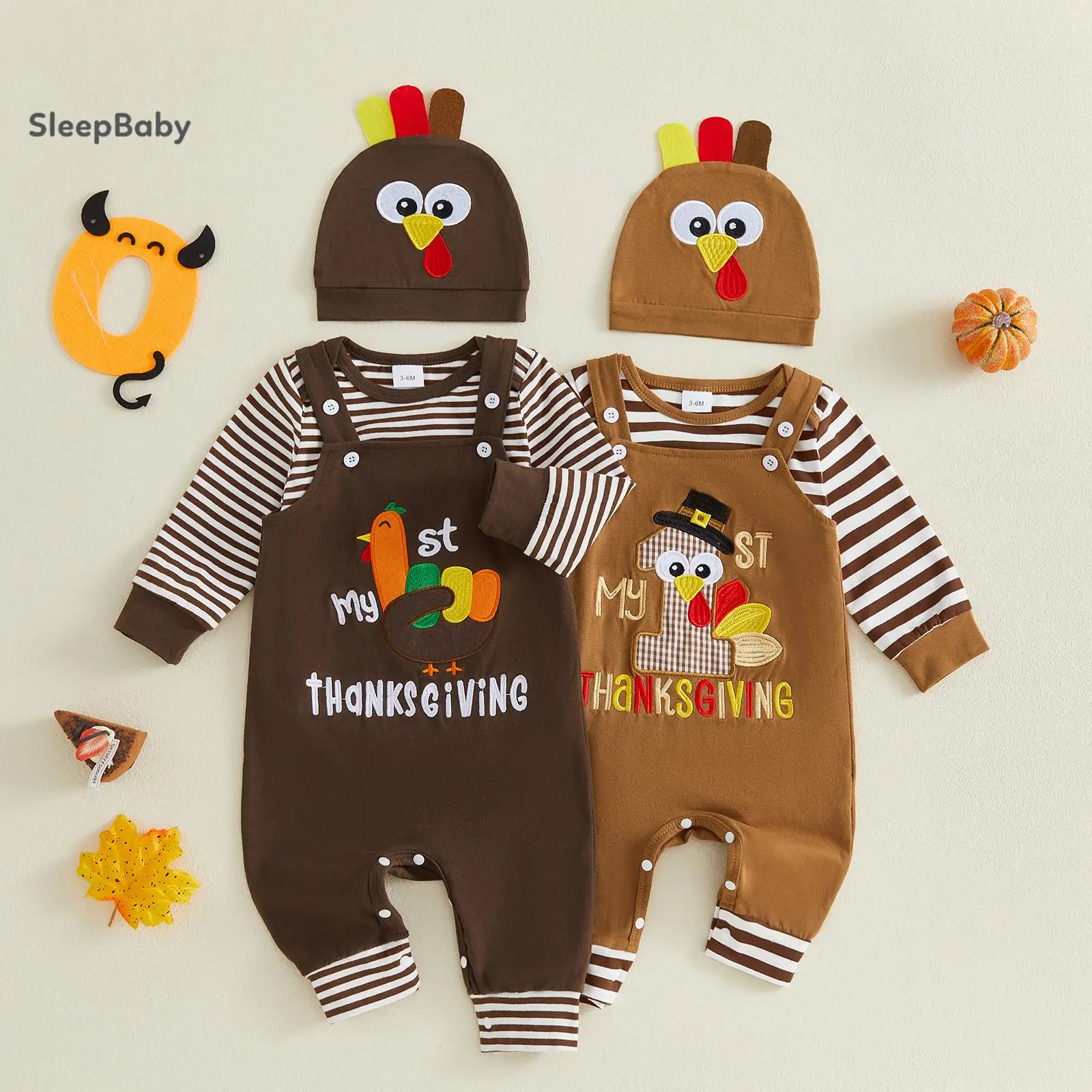 Newborn Boys 3-Piece My First Thanksgiving Holiday Set, Striped Long-Sleeve Bodysuit, Turkey Embroidery Strap Overalls & Matching Hat, Fall Baby Clothing Gift Set
