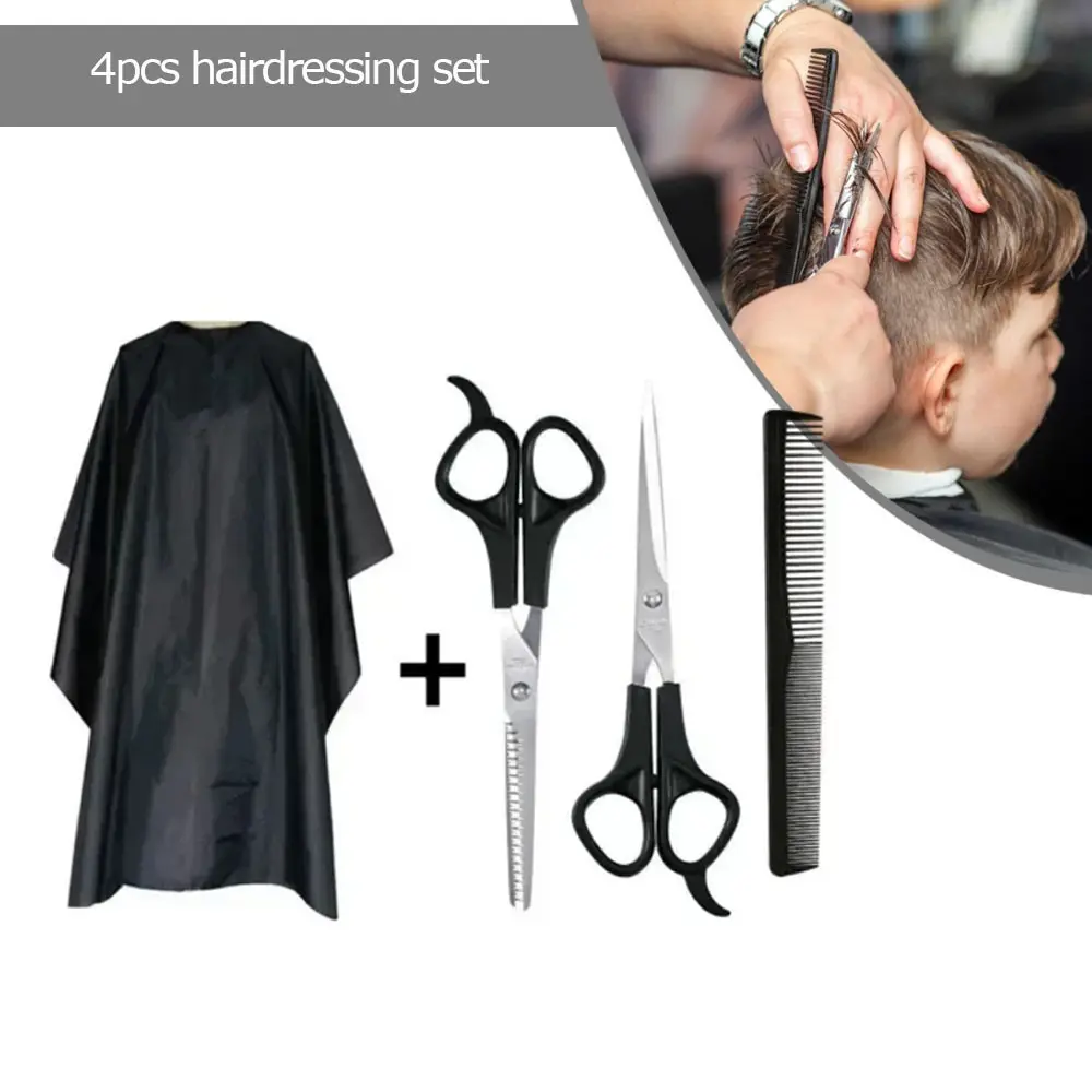 Haircut Tool Set 4 Pieces, Barber Cape, Hair Clippers, Sparse Clipper, Comb Kit, Stainless Steel Scissors for Men and Women, Home and Salon Use