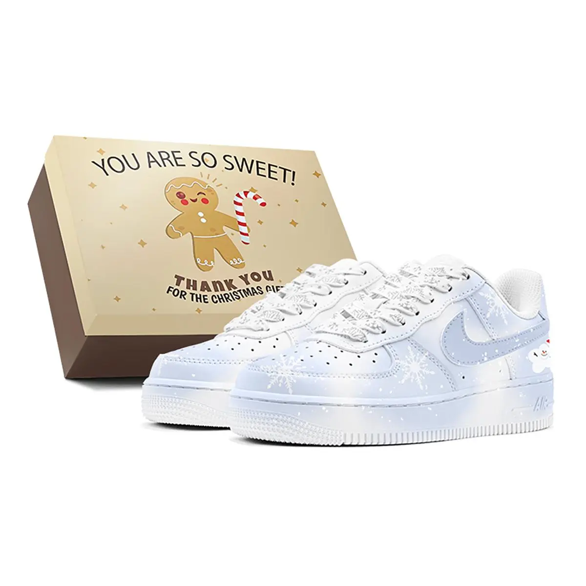Nike Air Force 1 Custom Christmas Sneakers for Kids – Blue and White Low-Top AF1 with Snowflake Design and Special Gift Box Verifiable, with credentials and supporting global authentication