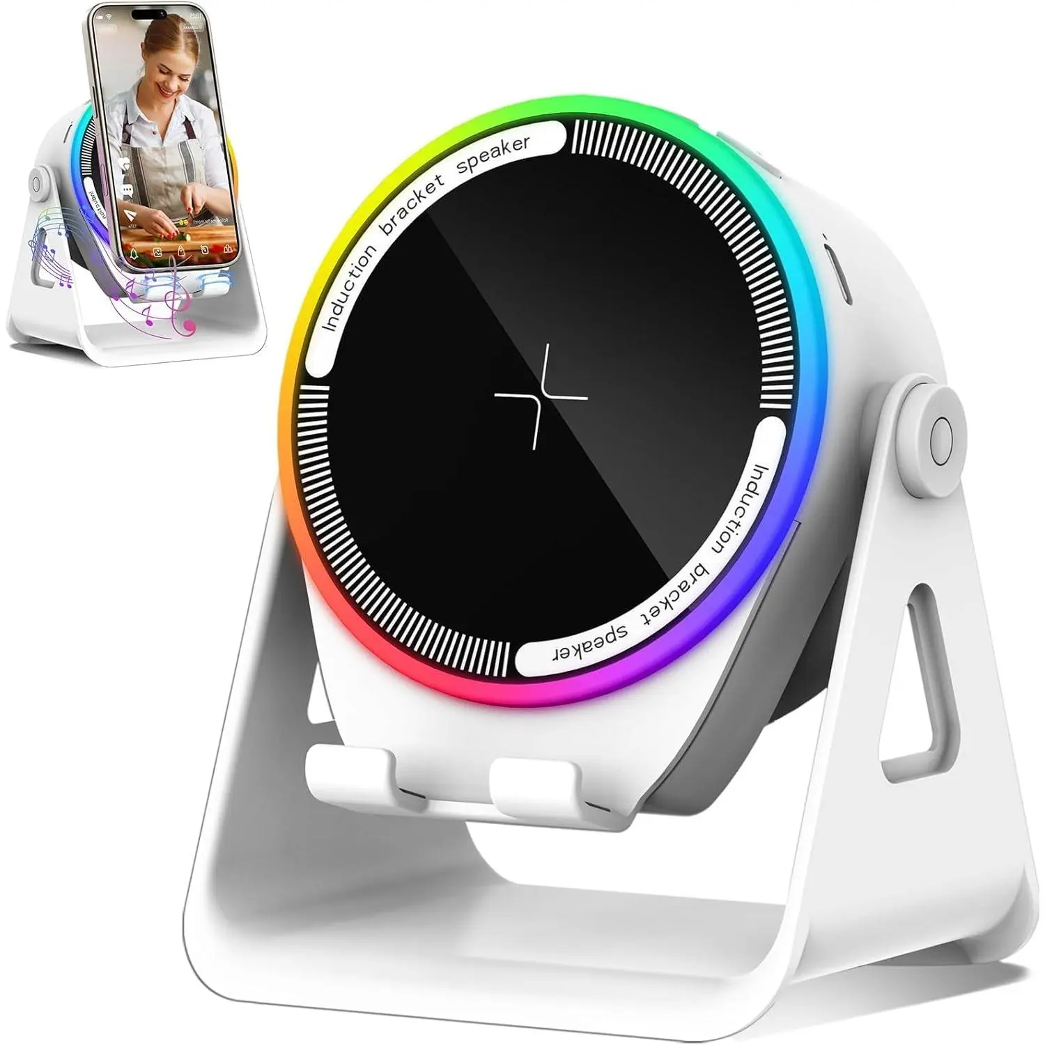 GOWENIC Wireless Induction Bluetooth Speaker with 360-Degree Adjustable Phone Stand, 7-Color 5-Mode LED Light, Dual Connection Modes (White)