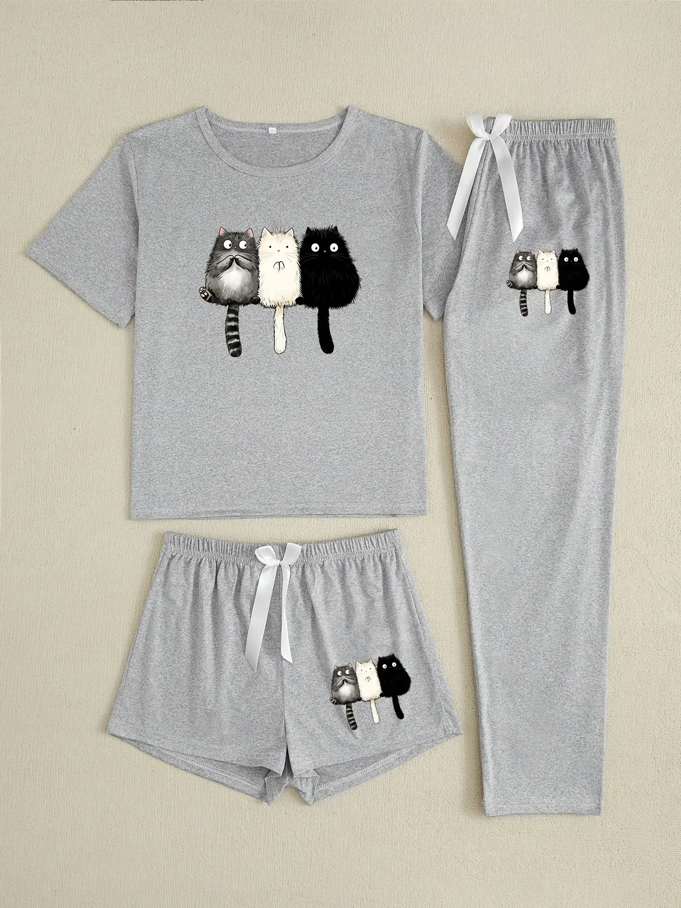Three-Piece Pajama Set for Women, Cartoon Cat Print, Loose-Fitting, Casual Style, All Season Wear, Comfortable Sleepwear, Casual Loungewear Sets