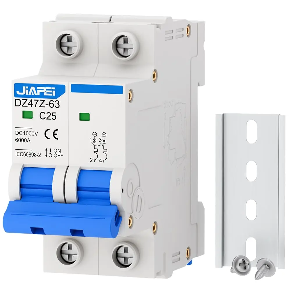 DC Miniature Circuit Breaker, 1000V 2 Pole 25 Amp Isolator for Solar PV System, Thermal Magnetic Trip DIN Rail Mount, C25 DC Disconnect Switch
