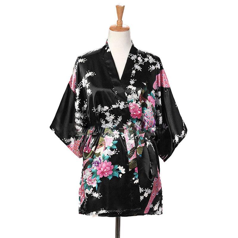 Lace Up Woman Peacock Print Japanese Kimono Yukata Silk Satin Short Style Sleepwear Home Nightgown Bath Robe Costume