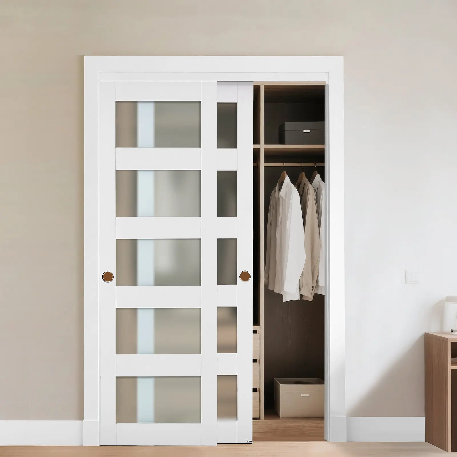 VEVOR Sliding Closet Door, 48" (Double 25")x 80", 5-Lite Frosted Glass Bypass Sliding Doors with Hardware Kit Floor Guide, Solid Wood MDF Slab with Waterproof PVC Surface for Closets Bedrooms
