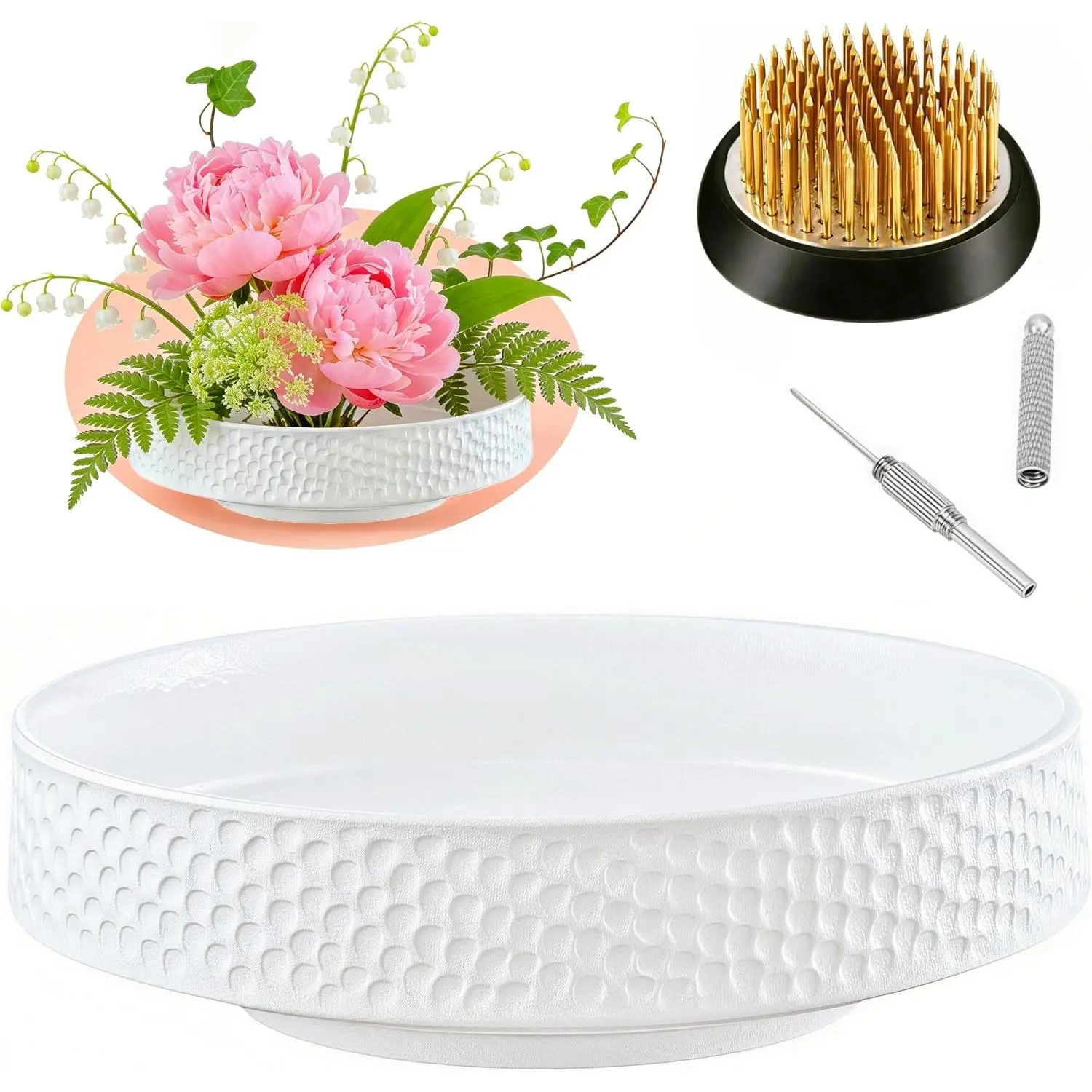 Ikebana Vase Kit, Flower Shallow Container Ceramics Flower Bowl Ikebana Vase with 1.57inch Flower Frog and Floral Frog Floristry Kenzan  Straightening Tool