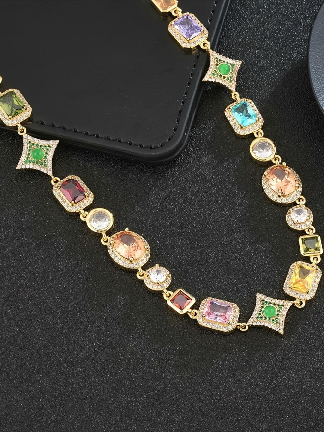 Vintage Colorful Stone Decorated Necklace, Elegant Zircon Stones Necklace for Party, Daily Clothing Decor, Trendy All-match & Exquisite Jewelry for Birthday Gift, Fashion Jewelry Accessories, Multicolor Gemstone Decorated Pendant Chain, Gemstone Necklaces
