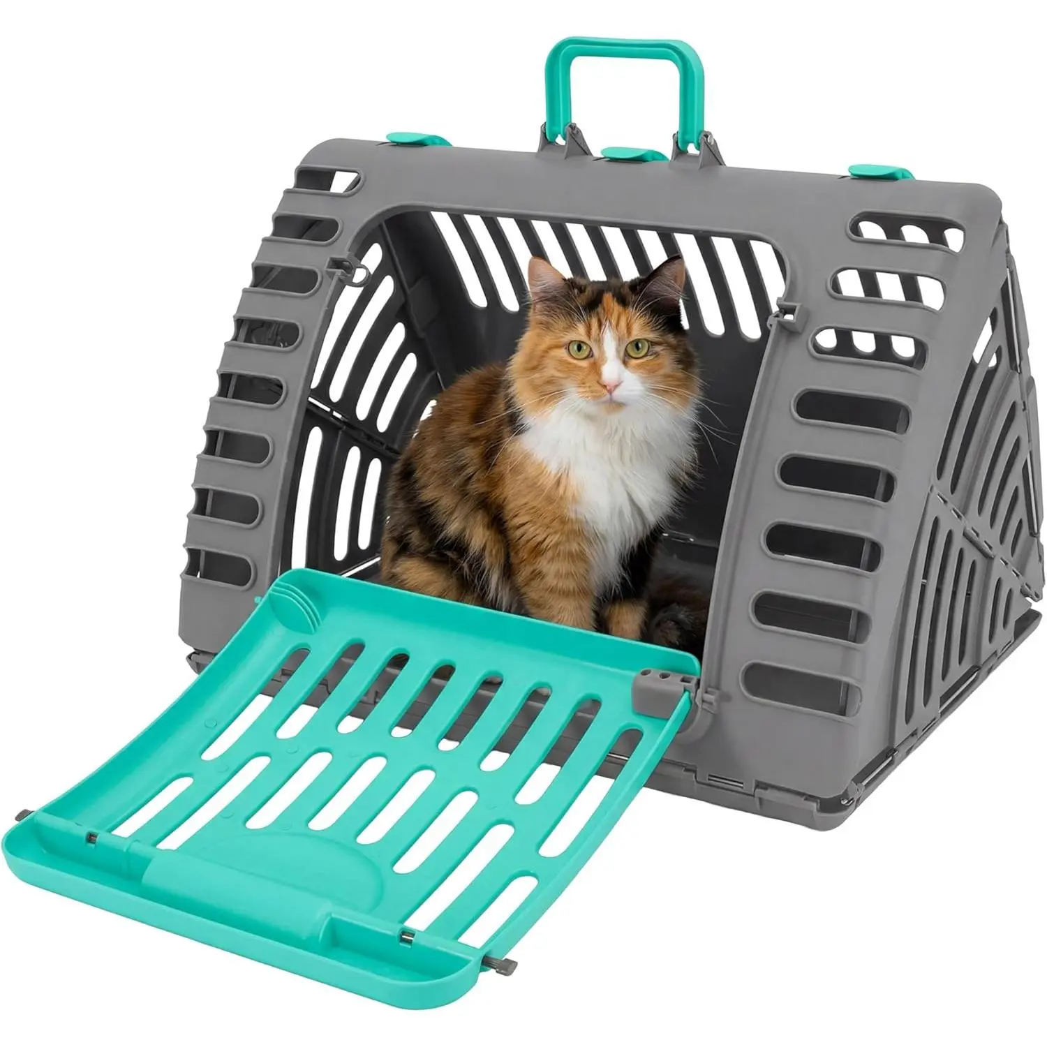 X-Large Hard-Sided Travel Cat Carrier - Cat Carrier with Patented Wide Side-Opening Door, Foldable Portable Pet Carrier for Cats & Small Pets up to 35lbs - Dark Gray/Teal