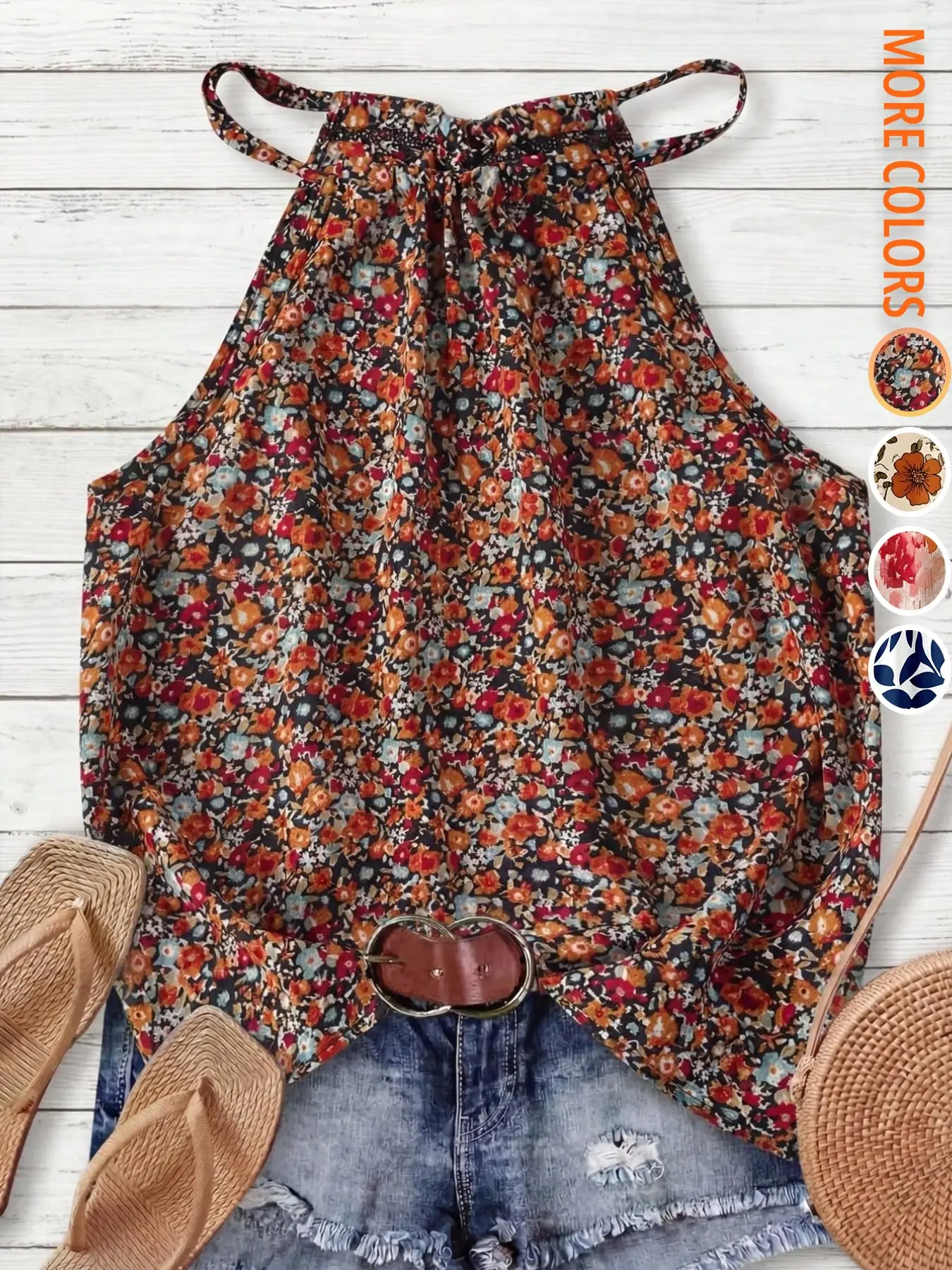 【Back to School Outfits】Women's Floral Casual Elegant Commuter Halter Neck Drawstring Tie Shirt T-Shirt, Comfortable and Stylish Daily Wear Top