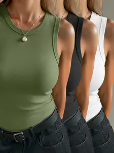 Women's Ribbed Tank Top 3-Piece Set, Elegant Fitted Solid Color, All-Seasons Non-Full Placket, Plain Surface Unlined Design
