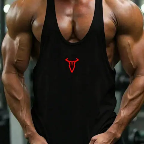 Men's Minimalist Printed Stringer Sports Tank Top, Deep U-Neck Breathable Cotton Blend Muscle Tank, Lightweight Moisture-Wicking Gym Shirt, Sportswear Tank Top, Ideal for Bodybuilding, Workout, Light Outdoor & Urban Street Style, Dry Fit Vest