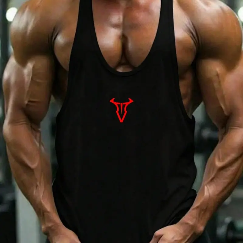 Men's Minimalist Printed Stringer Sports Tank Top, Deep U-Neck Breathable Cotton Blend Muscle Tank, Lightweight Moisture-Wicking Gym Shirt, Sportswear Tank Top, Ideal for Bodybuilding, Workout, Light Outdoor & Urban Street Style, Dry Fit Vest